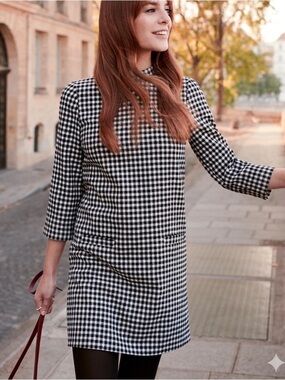 Sezane Erin Shift Dress Retro Glam Windowpane Check Black White Wool